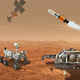 Conceptual view of the equipment that will be used for the Mars Sample Return Mission: an Ingenuity-class helicopter (check out those adorable wheels), the Perseverance rover, the Earth Return Orbiter, the Sample Retrieval Lander, and the Ascent Vehicle.